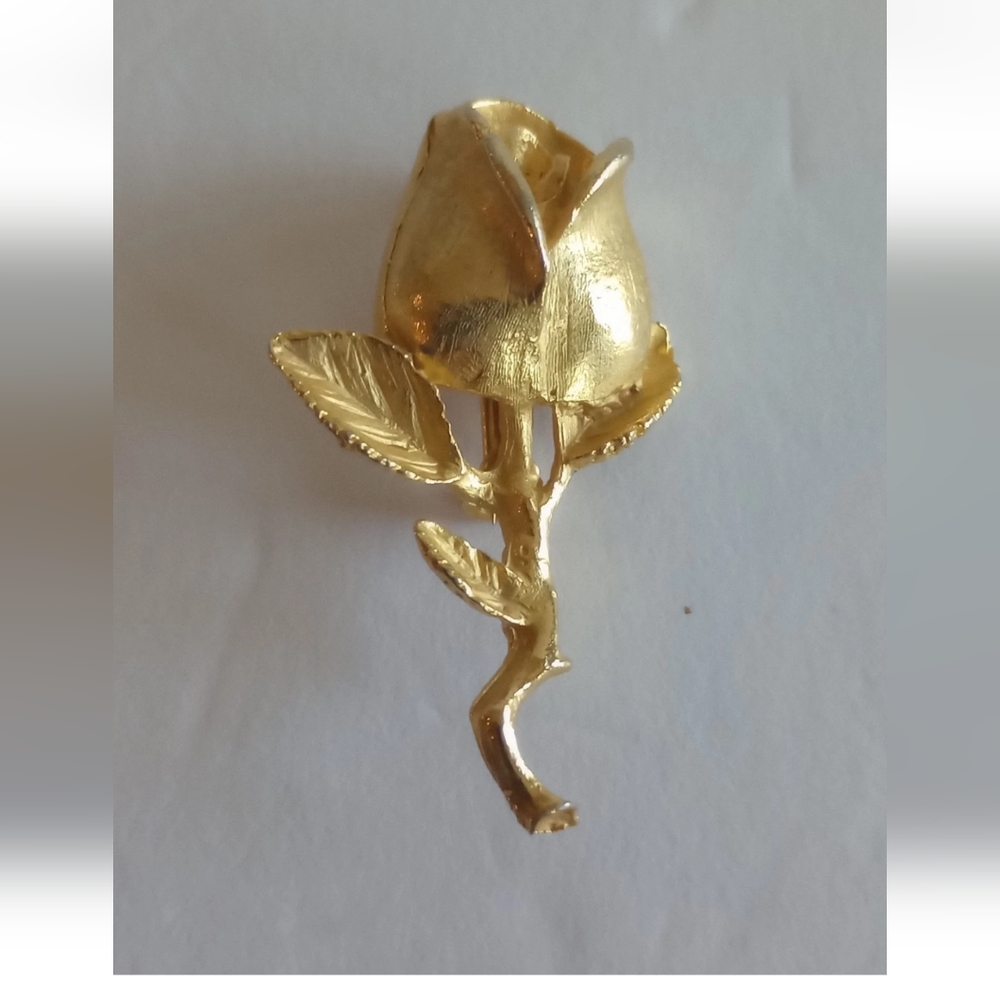 Rose Bud Brooch Vintage Pin Single Rosebud Bloom Goldtone 2" Dfa Dubarry F.A.
